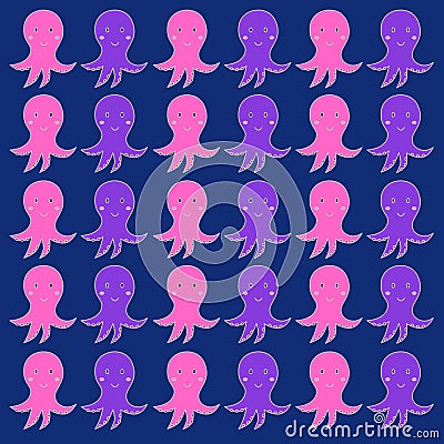 Cute Octopuses on Dark Blue Pattern, Texture, Background Vector Illustration