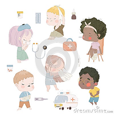 Cute Kids Patients. Sick Cartoon Children on White Background Vector Illustration