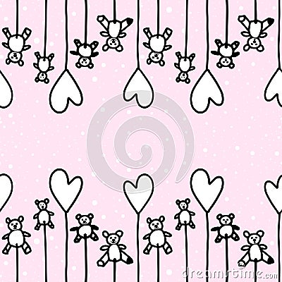 Cute kids pink seamless pattern with lollipops bears and hearts in doodle style.Vector Cartoon Illustration