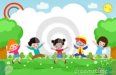 Cute kids Playing At Abstract Nature, Happy Children jumping and dancing on the park or playground Template for advertising Vector Illustration