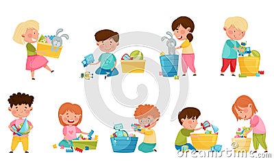 Cute Kids Playing With Different Toys in Playroom Vector Illustration Set Vector Illustration