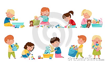 Cute Kids Playing With Different Toys in Playroom Vector Illustration Set Vector Illustration