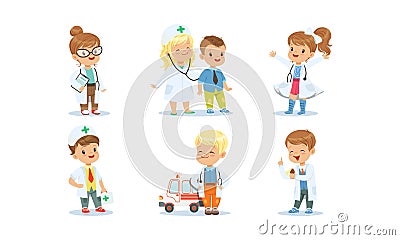 Cute Kids Playing Doctors Set, Adorable Boys and Girls in White Coats Examining and Treating their Patients Vector Vector Illustration