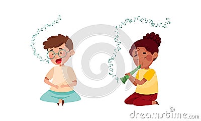 Cute kids playing music set. Boy singing, girl playing flute vector illustration Cartoon Illustration