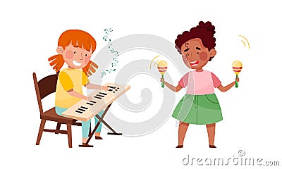 Cute kids playing music set. Girls performing melody on piano synthesizer and shaking maracas vector illustration Cartoon Illustration