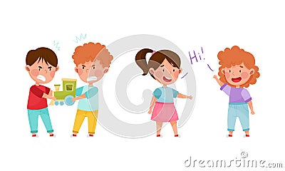 Cute kids playing together set. Little boys arguing over toys, girls greeting each other cartoon vector illustration Vector Illustration