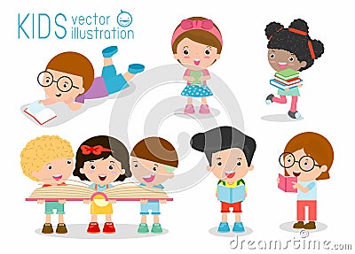 Cute kids reading books,cute children reading books, Happy Children while Reading Books, kids while Reading Books. Vector Illustration