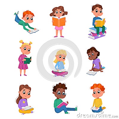 Cute Kids Reading Books Set, Preschooler Children or Elementary School Students Enjoying Literature Cartoon Style Vector Vector Illustration