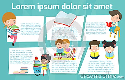 Cute kids reading books, Template for advertising brochure,your text, ready for your message. Vector illustration. Vector Illustration