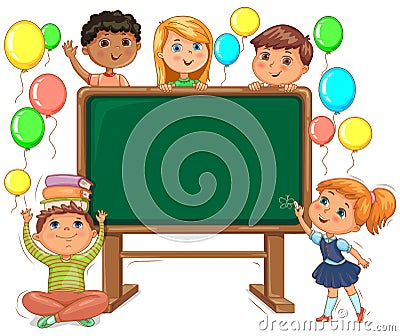 Cute kids and school board back to school Vector Illustration