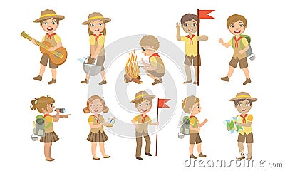 Cute Kids Scouts Camping Set, Cute Boys and Girls in Scout Costumes Cooking, Playing Guitar, Hiking Vector Illustration Vector Illustration