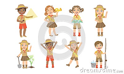 Cute Kids Scouts Camping Set, Cute Boys and Girls in Scout Costumes with Hiking Equipment Vector Illustration Vector Illustration