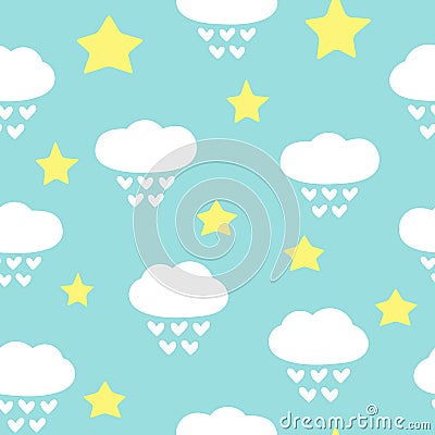 Cute kids seamless pattern. Stars and clouds with raindrops in the form of hearts. Vector Illustration