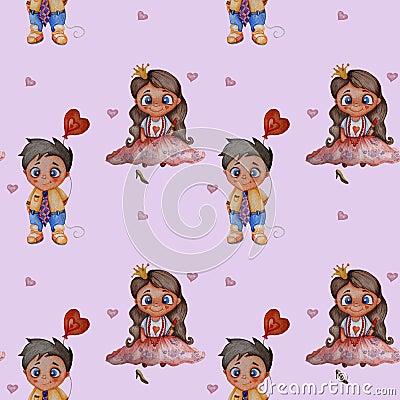 Cute kids. Seamless patterns. A couple in love - a girl-princess with long hair with beads around her neck and lipstick Stock Photo