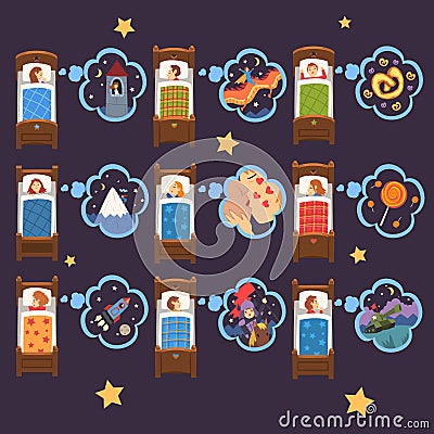 Cute Kids Sleeping in Beds and Dreaming Collection, Children Having Sweet Dreams Vector Illustration Vector Illustration