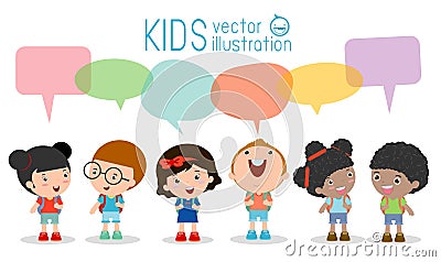 Cute kids with speech bubbles, Set of diverse Kids and Different nationalities with speech bubbles isolated on white background, K Vector Illustration