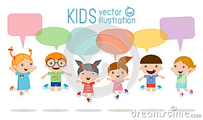 Cute kids with speech bubbles, stylish children jumping with speech bubble, children talking with speech balloon.Vector Illustrat Vector Illustration