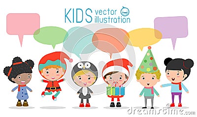 Cute kids with speech bubbles on white background, stylish children Christmas Costumes with speech bubble, children talking with s Vector Illustration