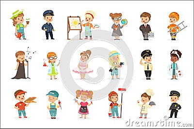 Cute kids in various professions set. Smiling little boys and girls in uniform with professional equipment colorful Vector Illustration