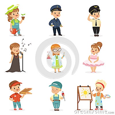 Cute kids in various professions set. Smiling little boys and girls in uniform with professional equipment colorful Vector Illustration