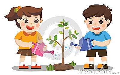 Cute kids volunteers planted and watering young trees. Vector Illustration