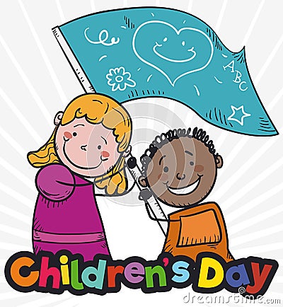 Cute Kids Waving a Greeting Flag Celebrating Children`s Day, Vector Illustration Vector Illustration