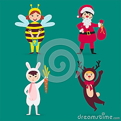 Cute kids wearing Christmas costumes vector characters little people isolated cheerful children holidays illustration Vector Illustration