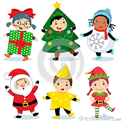 Cute kids wearing Christmas costumes Vector Illustration