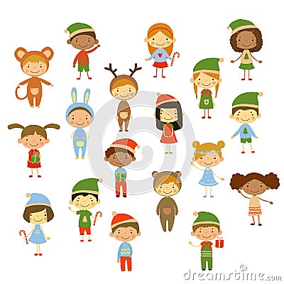 Cute kids wearing Christmas costumes Vector Illustration