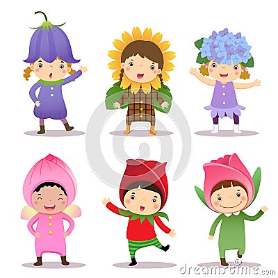 Cute kids wearing flowers costumes Vector Illustration