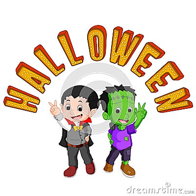 Cute kids wearing halloween costumes Vector Illustration