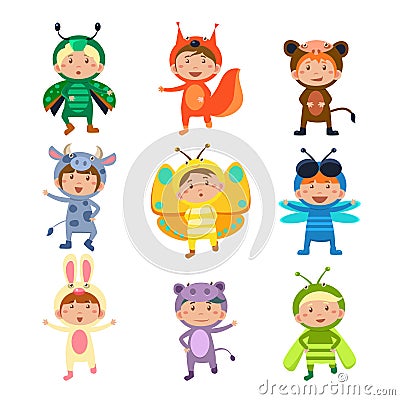 Cute Kids Wearing Insect and Animal Costumes Vector Illustration