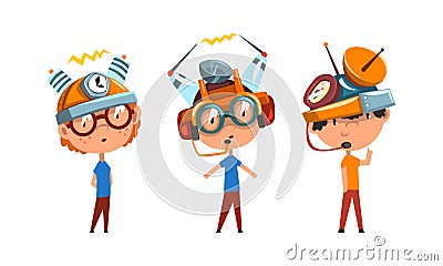 Cute Kids Wearing Steampunk Headgear Set, Scientist Children Working on Science Experiments Vector Illustration Vector Illustration