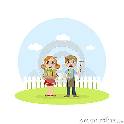 Cute Kids Working in Garden, Boy and Girl Caring for Plants with Garden Tools Vector Illustration Vector Illustration