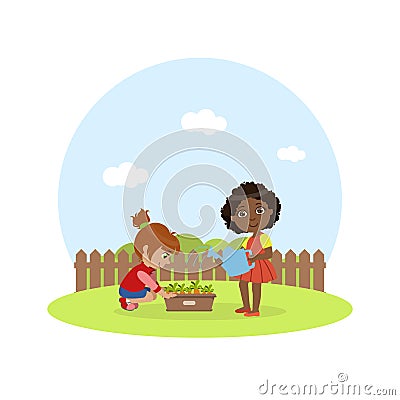 Cute Kids Working in Garden, Girl with Watering Can Watering Carrots Vector Illustration Vector Illustration