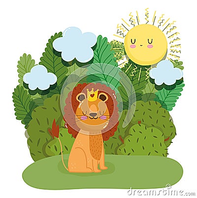 Cute king lion with crown animal grass forest nature wild cartoon Vector Illustration