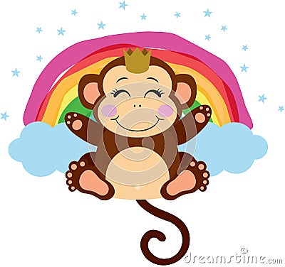 Cute king monkey with rainbow and clouds Vector Illustration