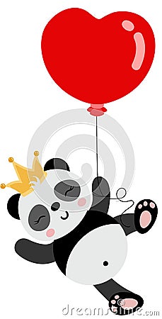 Cute king panda flying with a heart shaped balloon Vector Illustration