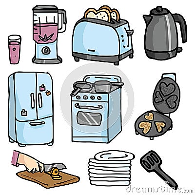 Cute kitchenware cartoon vector illustration motif set. Vector Illustration