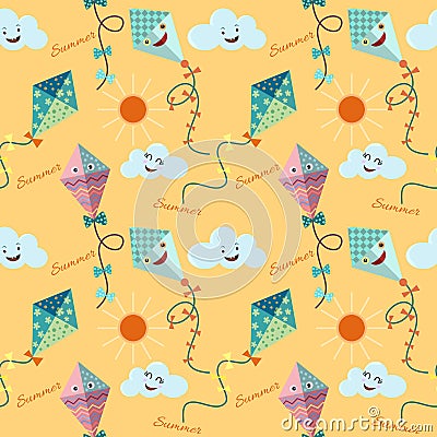 Cute kite with cloud and sun vector design seamless pattern. Vector Illustration