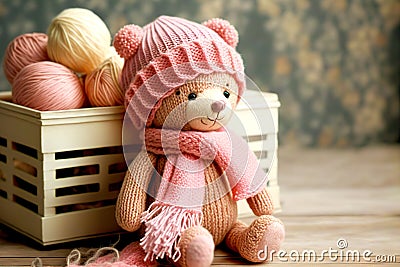 cute kits knitted toys little hay teddy bear in pink hat and scarf Stock Photo