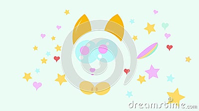 Cat. Cute kitten with big eyes. A kitten admires the stars and hearts. Vector Illustration