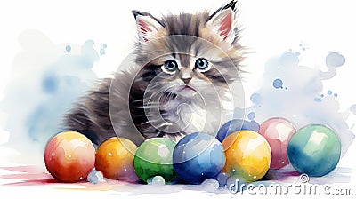 Cute kitten with bright balls Cartoon Illustration
