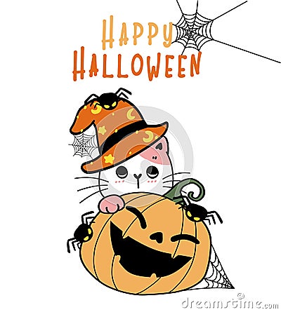 Cute kitten cat animal with happy craved pumpkin smiling and black spiders cartoon doodle illustration outline Vector Illustration