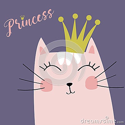 Cute Kitten with Crown and Inscription Little Princess Vector Vector Illustration