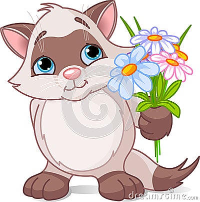 Cute kitten with flowers Vector Illustration