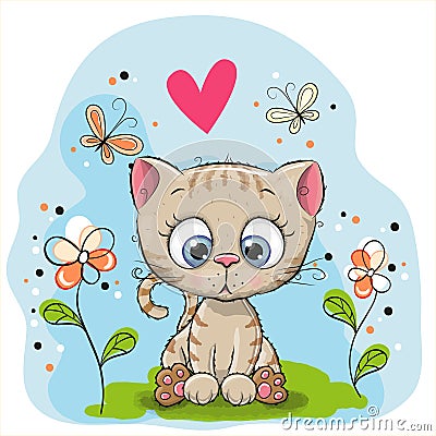 Cute Kitten with flowers Vector Illustration