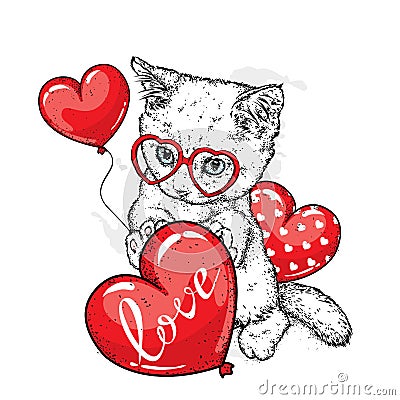 Cute kitten with hearts, glasses and a bow. Vector Vector Illustration