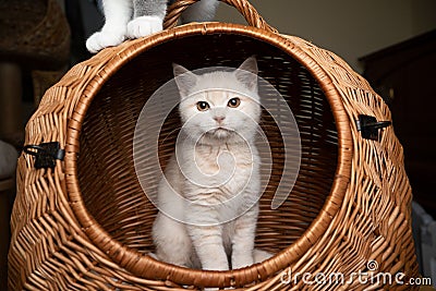 Cute kitten inside of basket cat carrier Stock Photo