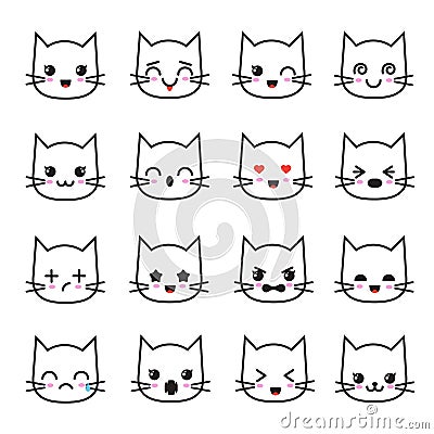 Cute kitten kawaii emoticon collection. Funny white cat emoji vector avatars Vector Illustration